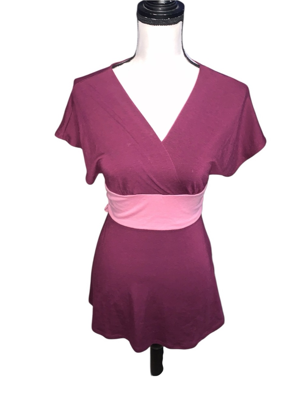 Most Purple V-Neck Peplum Top Short Sleeve Pink Waistband Tie